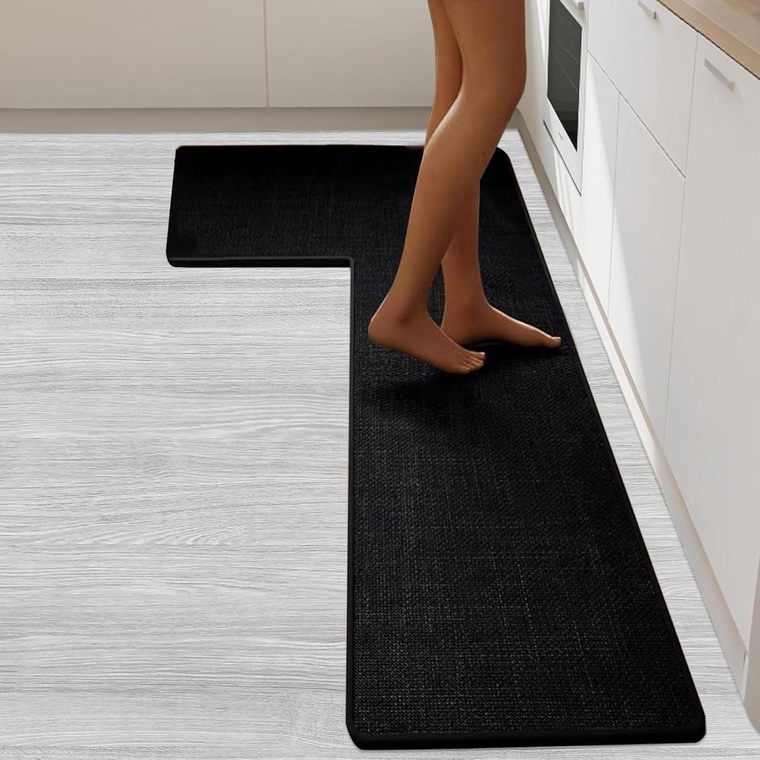 Anti-Slip Corner Kitchen Rug, 1 Piece L-Shaped Floor Mats,Super Absorption Linen Corner Mat for Home,Kitchen (Black Right-L, 31''X59''X18'')