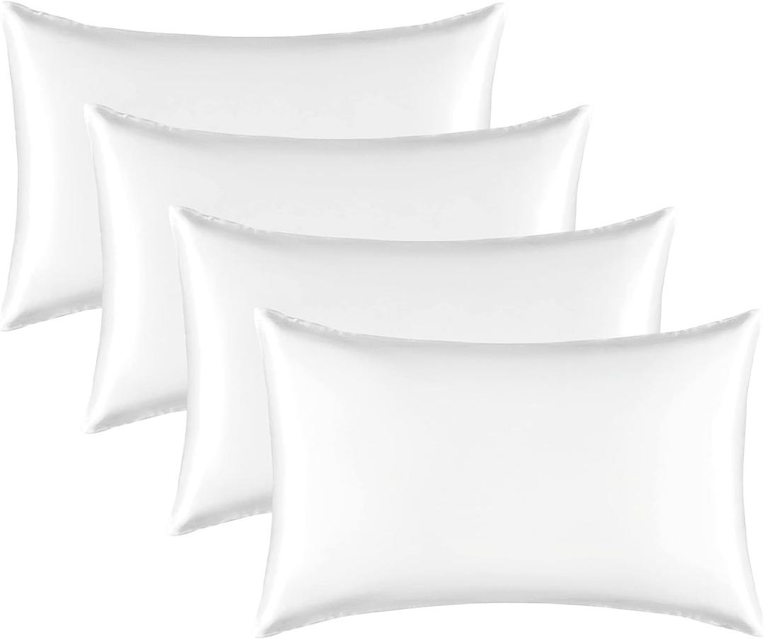 Satin Silk Pillowcase for Hair and Skin, Black Pillow Cases Standard Size Set of 4 Pack Super Soft Pillow Case with Zipper Closure (White, Standard(4 Pack))