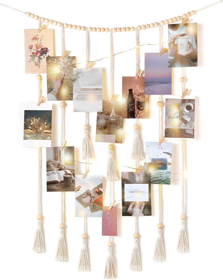 Mkono Macrame Hanging Photo Display Wall Decor with String Lights Boho Room Bedroom Wooden Beads Garland Picture Greeting Cards Holder with 30 Clips (Medium, Beige)
