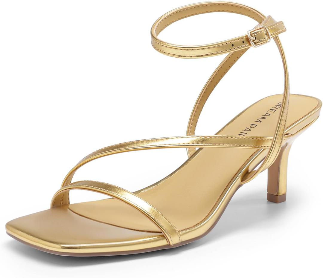 DREAM PAIRS Women's Low Kitten Heels Strappy Open Square Toe Ankle Strap Sexy Fashion Comfort Dress Shoes Party Heeled Sandals (9.5, Gold)