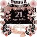 21st Birthday Decorations for Her, 33pcs 21 Crown and Sash, Black Rose Gold Happy 21st Birthday Banner Balloons Backdrop Hanging Swirls Paper Fans, 21 Years Old Party Decorations Kit