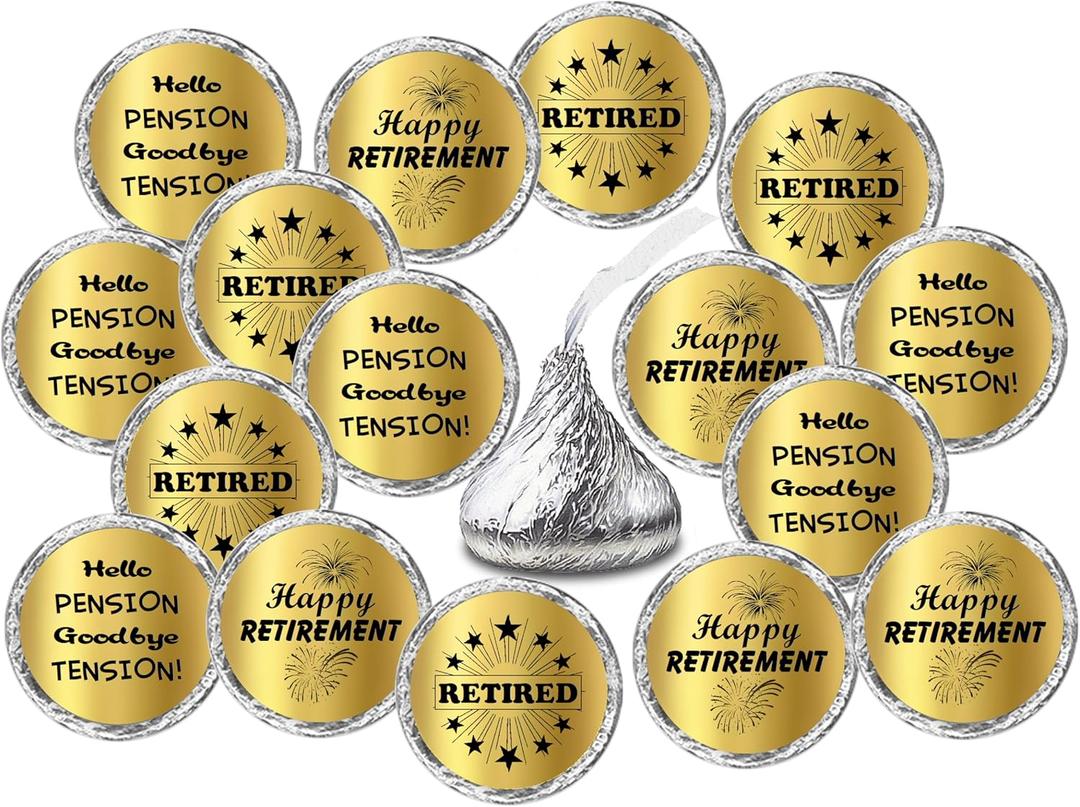 Gold Foil Retirement Kisses Stickers, (Set of 216) Chocolate Drops Labels Stickers for Happy Retirement Party, Party Favors Decor for Kisses. Made in USA