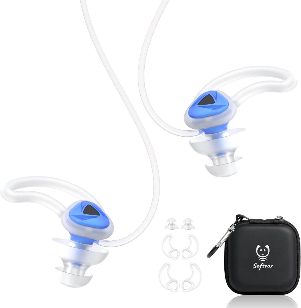 Ear Plugs for Swimming Surfing with String, Block Out Water Let Sound in, Reusable Comfy Custom-fit Swimmer Earplugs for Snorkeling, Shower, Pool, Swim, Bath, Kayaking, Other Water Activities (Navy+lanyard)