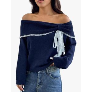 Verdusa Women's Lace Bow Off The Shoulder Sweater Coquette Foldover Knit Tops Trendy Fall Pullovers XL