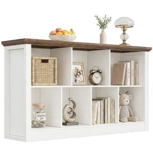 Unikito Cube Storage Organizer Bookcase with Base, Modern Wooden 2 Tiers Low Horizontal Bookshelf for Home and Office, Warm White and Brown