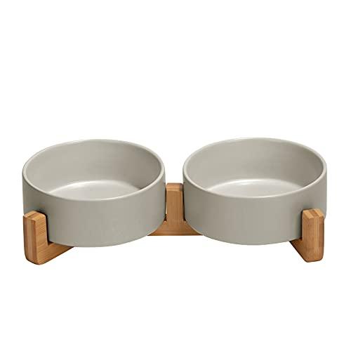 SPUNKYJUNKY Ceramic Dog and Cat Bowl with Wood Stand Non-Slip Matte Glaze Weighted Food Water Set for Cats &Small Dogs 13.5OZ