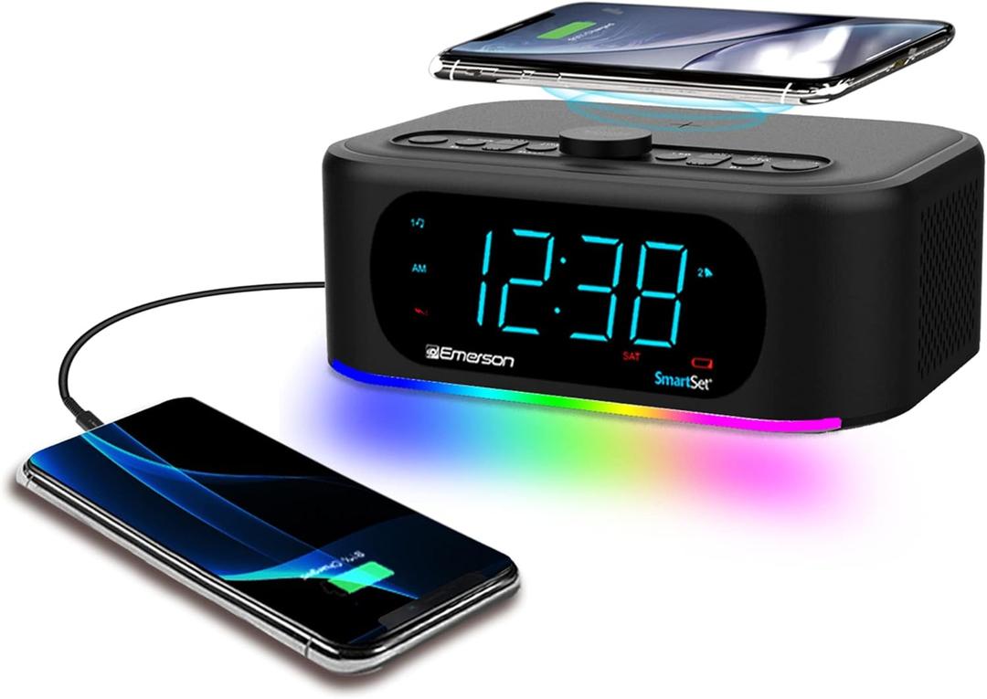 Emerson Smartset 7-Color Bluetooth Speaker - 10W Stereo Sound, 15W Wireless Charging, and LED Lights Changing to Music,Black