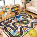 Cavorel Kids Road Rug 3x5 Ft, 0.4 Inch Thick Soft Car Track Rug with Non-Slip Backing,Race Track Baby Play Mats with 3D Cascading Surround Route, Kids Carpet for Bedroom Playroom Nursery