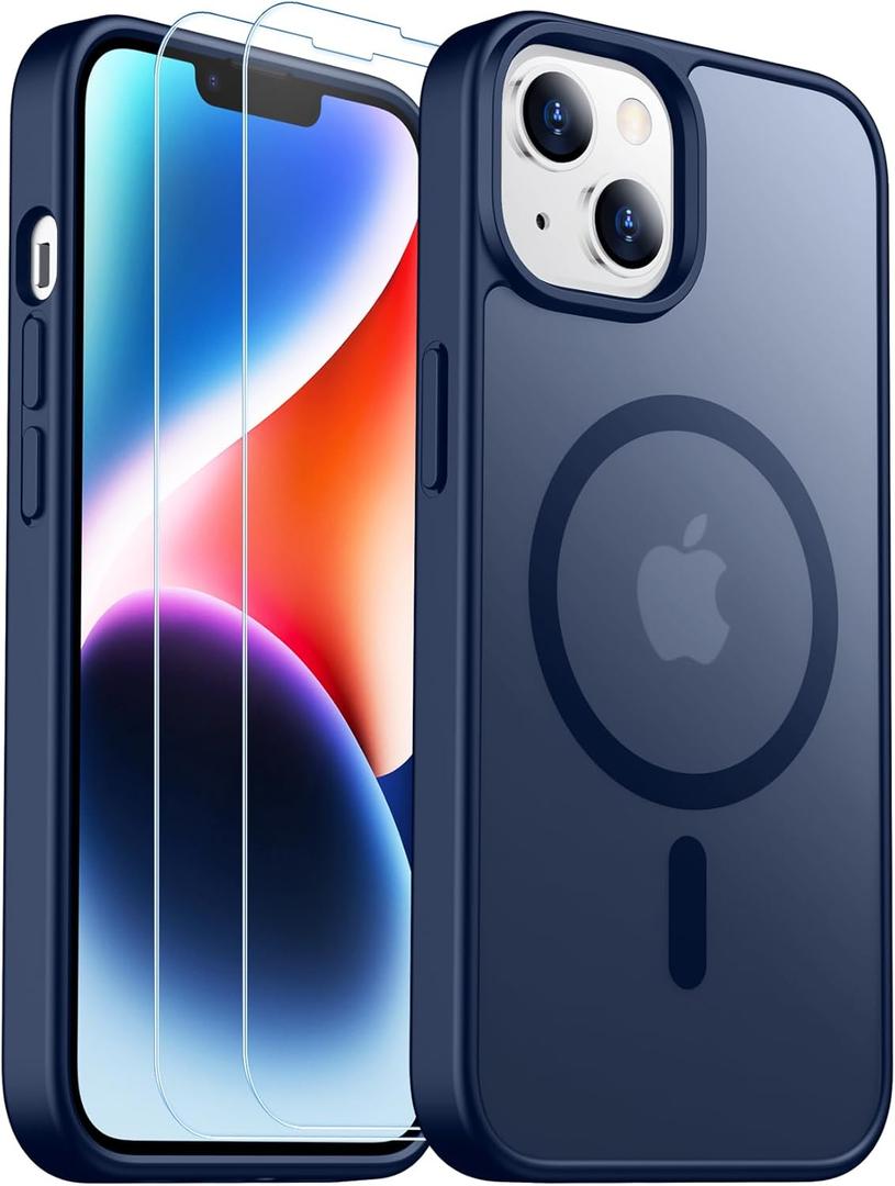 SPIDERCASE for iPhone 13 Case for iPhone 14 Case, Magnetic Translucent Matte Case with 2PCS Tempered Glass Screen Protector Slim Phone Case for iPhone 13/14 6.1'', Blue