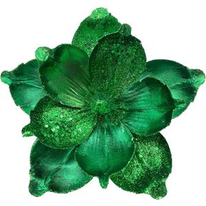 10 Pcs Large Christmas Flowers, Glitter Christmas Flowers 10in Green Artificial Magnolia Flower Ornaments Fold Floral for Christmas Tree Decorations Xmas Tree New Year Party Wedding Centerpiece
