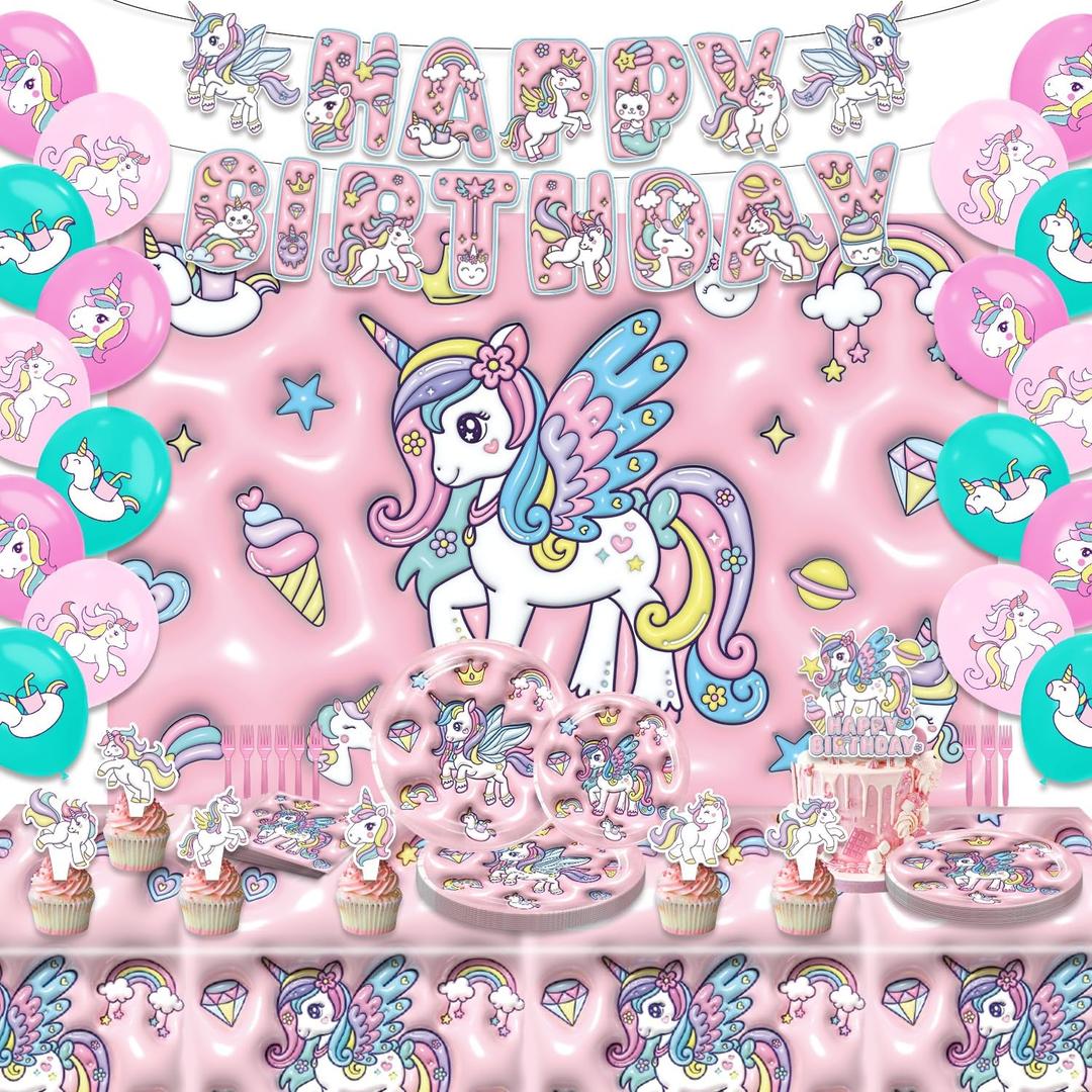 Unicorn Birthday DecorationsUnicorn Party Decorations 3D Birthday Party SuppliesSet IncludeBalloons,Backdrop,Banner, Cake ToppersPlates And NapkinsTableware, Tablecloth