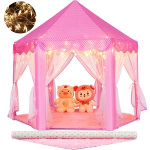 Monobeach Princess Tent Girls Large Playhouse Kids Castle Play Tent with Star Lights Toy for Children Indoor and Outdoor Games, 55'' x 53'' (DxH) (Pink Princess Tent with Play Mat)