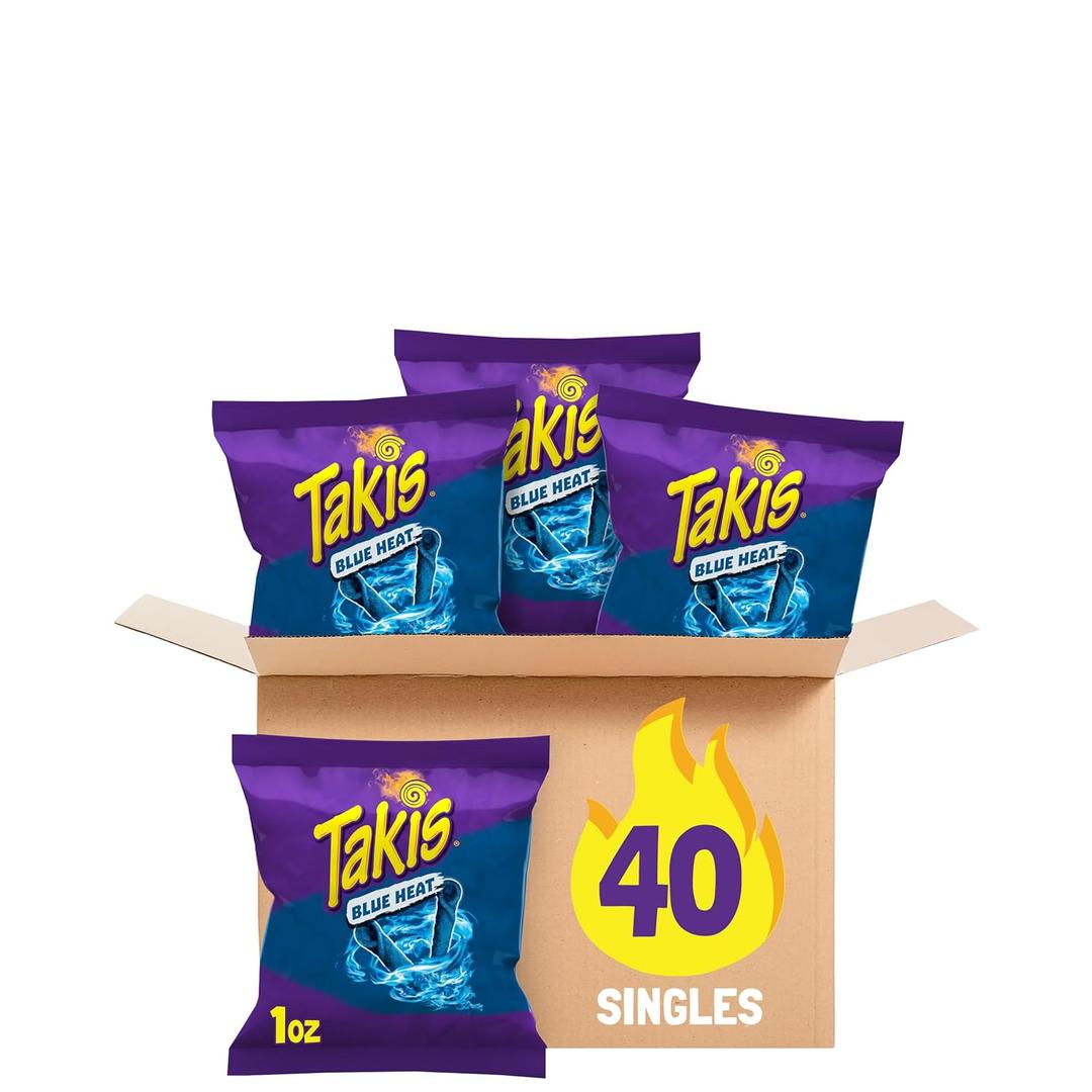 Takis Blue Heat 40 pc / 1 oz Multipack, Hot Chili Pepper Flavored Extreme Spicy Rolled Tortilla Chips, Best By April 2025