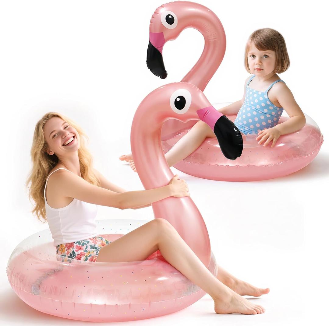 2PCS Flamingo Inflatable Pool Floats Adult Kids, Glitters Translucent Inflatable Pool Float for Kids Ages 6+, Fun Beach Floaties Summer Water Party Supplies2 Size
