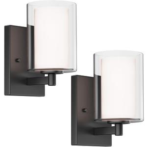 Wall Sconces Set of 2 Modern Vanity Lights with Double Clear Glass Shade Matte Black Indoor Farmhouse Wall Lights for Bathroom Living Room Bedroom Hallway Bulb E26 Base (Bulbs Not Included)
