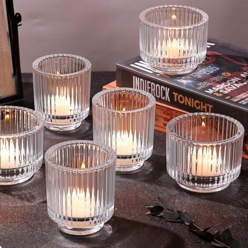 MATAHUM 6pcs Assorted Clear Votive Candle Holder for Wedding Centerpieces, Vintage Ribbed Tealight Candle Holder for Dinner Table Centerpiece, Large Glass Candle Holder for Christmas Home Party Decor