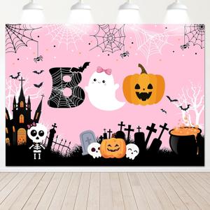 Mocsicka Halloween Boo Backdrop Cute Spooky Ghost Pumpkin Trick or Treat Background Pink Little Boo Girl Baby Shower or Birthday Party Cake Table Decoration Banner Photo Booth Props (7x5ft)