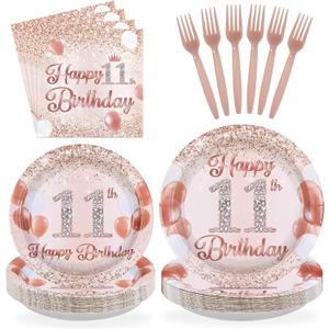 Grencian 11th Birthday Decorations Rose Gold 11th Birthday Plates and Napkins Disposable Rose Gold Official 11 Pre-Teen Paper Tableware Set for Girls 11 Year Old Party Supplies, Serves 24