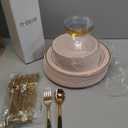 GATHER 700PCS Pink Plastic Plates - Gold Rim Disposable Plastic Dinnerware Set Include 200 Pink Plates, 300 Silverware, 100 Napkins, 100 Cups for Party & Wedding