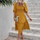 PRETTYGARDEN Women's Summer Casual Dresses 2026 Spring Puff Sleeve Square Neck A Line Flowy Boho Floral Smocked Midi Dress (Orange, M)