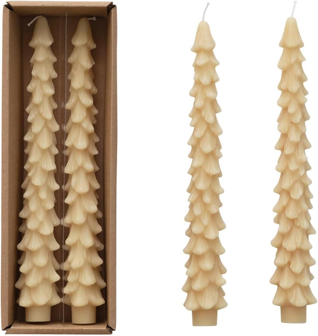 Creative Co-Op Unscented Tree Shaped Taper Candles, Eggnog Beige, Boxed Set Of 2 (10")