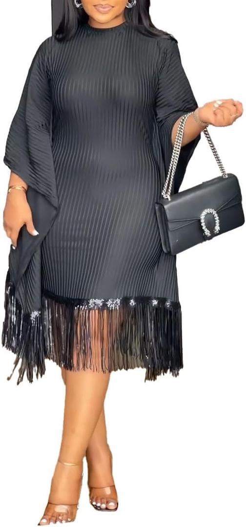 knowfashionstyle Womens Dresses Casual Midi Lenght Fringe Dress Plus Size Sequins Batwing Sleeve Tassel Hem Wrap Dresses (X-Large, Black)