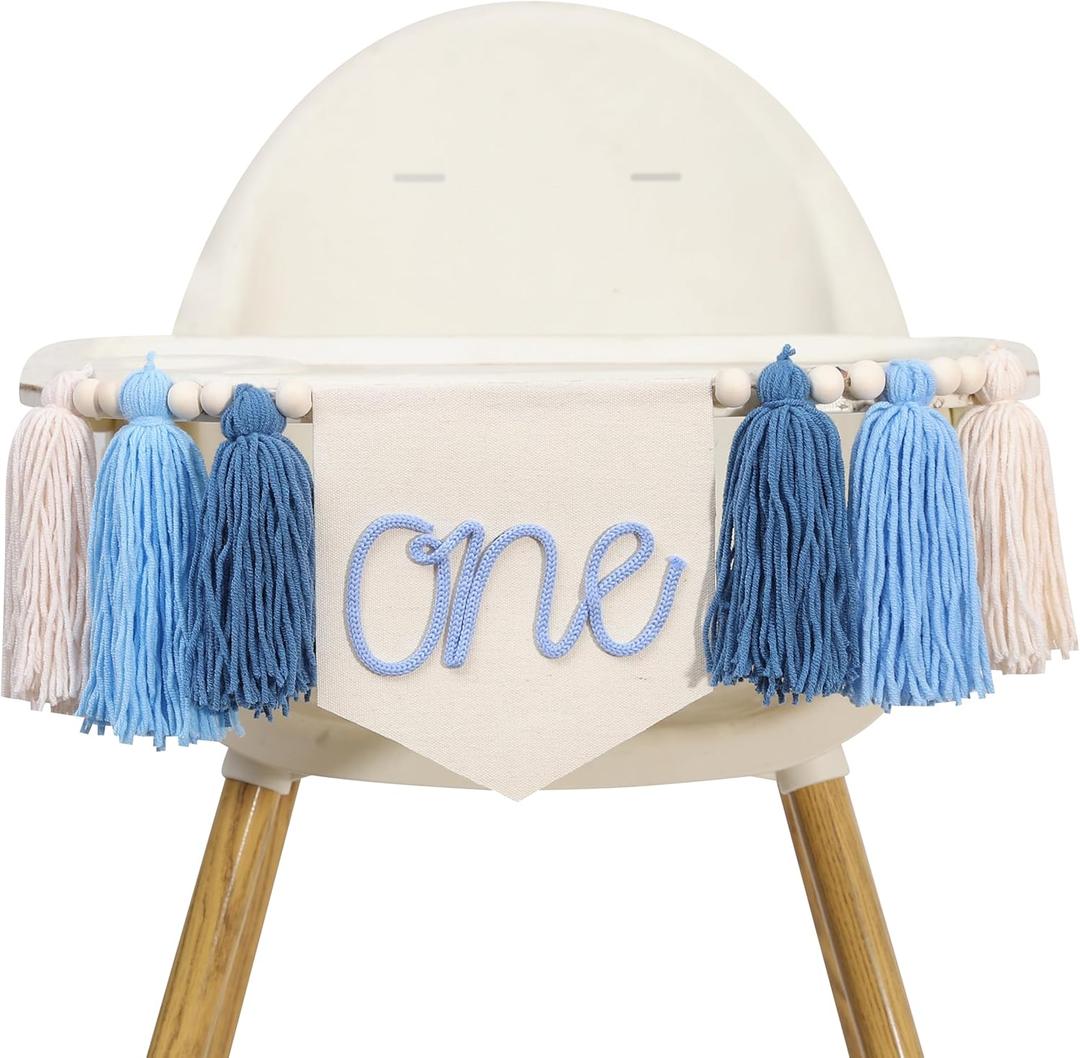 One Birthday High Chair Banner - Little One 1st Birthday Party Decorations,First Bday Blue Tassel Garland,Happy Cake Smash Hanging Banner,Photo Props for Highchair (BLUE)