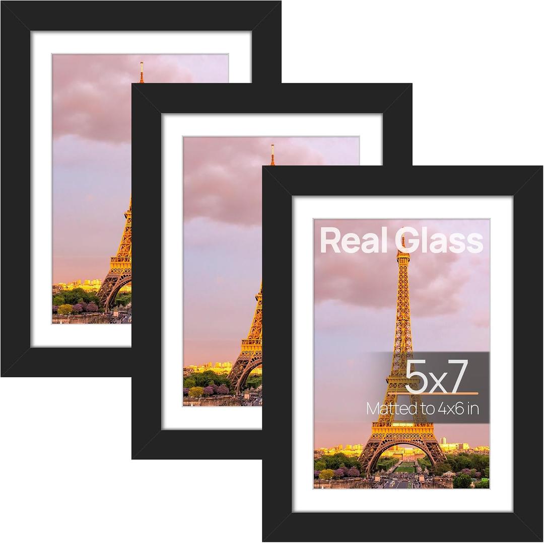 Upsimples 5x7 Picture Frame Set of 3, Made of High Definition Glass for 4x6 with Mat or 5x7 Without Mat, Wall and Tabletop Display Photo Frames, Black