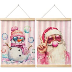LZYRF Trendy Pink Christmas Santa Snowman Wall Art Poster Framed, Coquette Christmas Decor, Girly Pink Striped Winter Xmas Canvas Prints Wall Decor for Girls Room Dorm Apartment, 12x16 Inch Set of 2