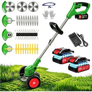 21V Electric Weed Wacker, Cordless Weed Eater Battery Powered, Lightweight Stringless Weed Trimmer with 2 Battery Operated & Wheels, 4 in 1 Grass Trimmer/Brush Cutter/Lawn Edger/Mower for Garden Yard