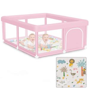 Hiaksedt Large Baby Playpen with Mat 50"x50" Baby Girl Play Pen for Babies and Toddlers, Safe Structure and Soft, Skin-Friendly Fabric with Zipper Gates Pink