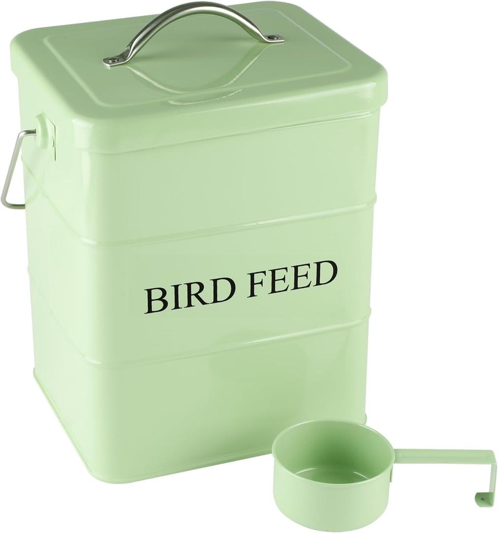 Bird Seed Storage Container Airtight,5~6LB Metal Bird Food Container with Scoop,Wild Bird Seed Tin for Storing Sunflower Seed-Ideal for Outdoor or Indoor-Squirrel proof -Green