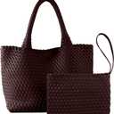 SporGenius Woven Tote Bag for Women, Vegan Leather Handwoven Bags with Small Purse, Large Braided Purses Top Handle Handbags (Coffee)