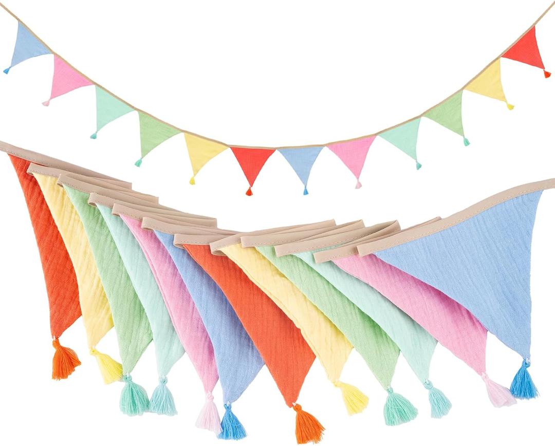 Pre-Strung Cotton Fabric Bunting Banner, 9Ft Multicolor Triangle Pennant Banner Flag, Double-Sided Bunting Garland with Tassels for Birthday, Nursery, Baby Shower, Classroom Hanging Decor