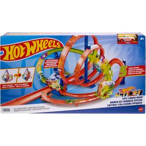 Hot Wheels Track Set, Epic Crash Dash with 5 Crash Zones, Motorized Booster and 1 Hot Wheels 1:64 Scale Toy Car, Easy Storage , Medium