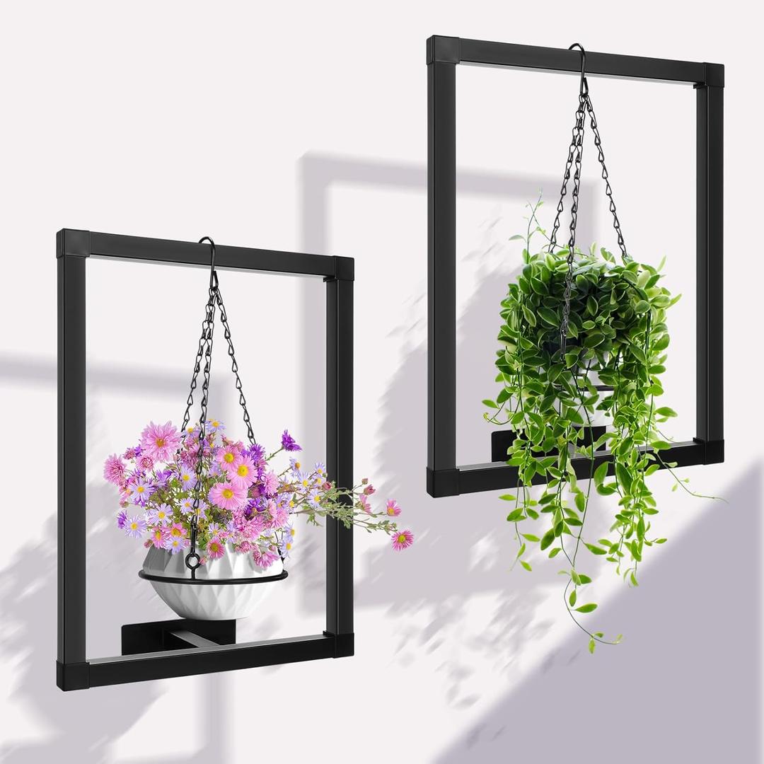 2 Pack Picture Frame Wall Plant Holder Wall Planters for Indoor Plants Metal Window Hanging Shelves Black Pot Holder Ring for Living Room Bedroom Bathroom Home Decor
