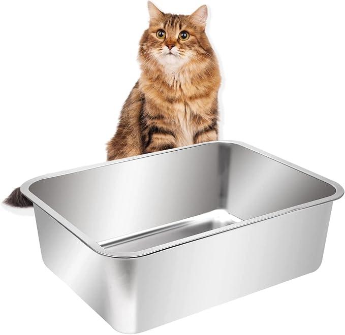 Kichwit Large Stainless Steel Cat Litter Box, 23.4" x 15.5" x 7.6"
High Sides, Metal Litter Pan for Cats, Non Stick Smooth Surface, Easy to Clean
