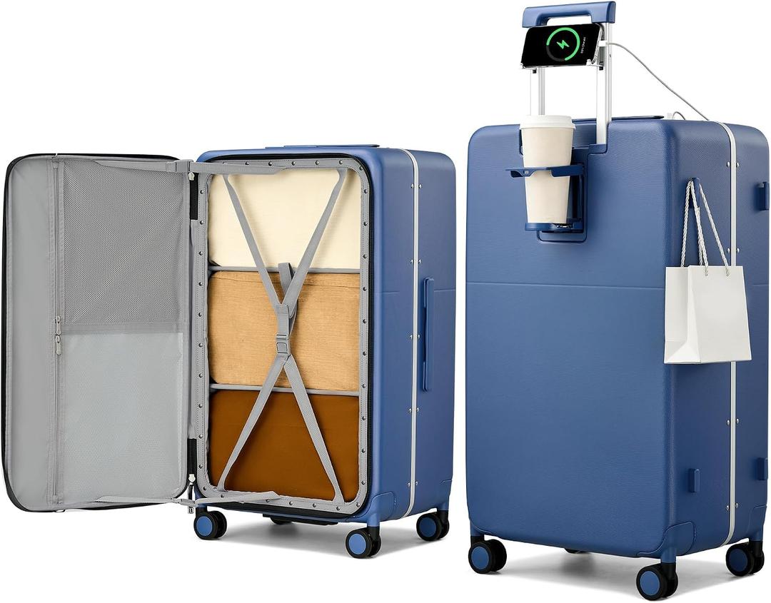 Hanke 28 Inch Top Opening Checked Luggage with Cup Holder and USB Ports | Aluminum Frame Hard Shell Suitcases with 8 Spinner Wheels,TSA Lock, Removable Divider, Interstellar Blue