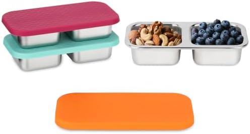 SUMERX 3 Pack Stainless Steel Snack Containers with Lids, 2 Compartment Snack Pack Containers, Reusable Food Storage Containers for Travel, Outdoor, Camping(Orange/Red/Blue)