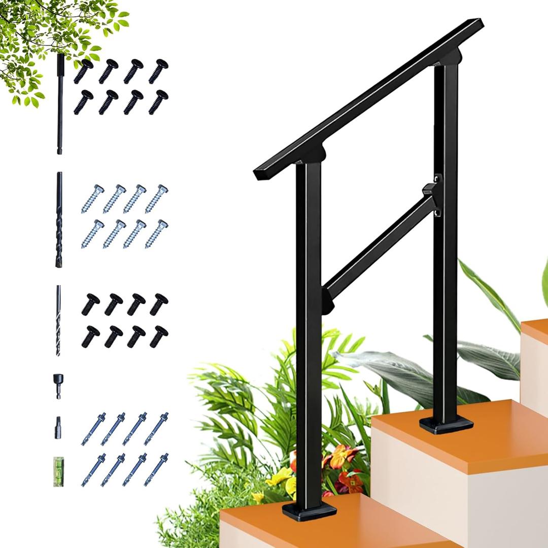 2 Step Handrail for Outdoor Step,Metal Porch Stair Railing 2 Steps Handrails Black Wrought Iron Handrail kit for Concrete, Porch Steps