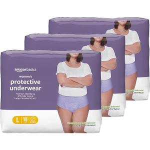 Amazon Basics Incontinence Underwear for Women, Protective, Disposable, Postpartum, Maximum Absorbency, Large, Lavender, 54 Count (3 Packs of 18)
