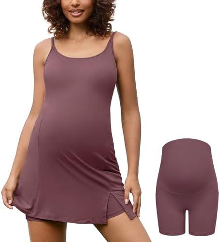 Bhome Maternity Athleisure Dress for Tennis Golf Summer Tank Dress Two-Piece Outfit with Built-in Bra & Shorts Large 