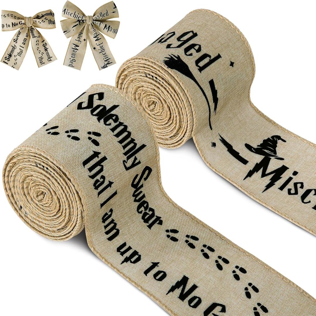 Mizelu 2 Rolls 2.5" x 6 Yards Christmas Wizard Wired Ribbon, Wizard Wired Edge Fabric Ribbon, Christmas Tree Bow Making Fabric Ribbons for Xmas DIY Crafts Gift Wrapping Party Decoration