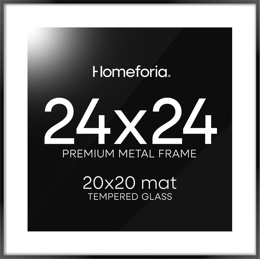 24x24 Picture Frame Black, High End Metal 24 x 24 Large Square Poster Frame Matted to 20 x 20 in Photo, 24by24 Thin Black Frames with Mat 20x20 inch Print, Tempered Glass, Wall Kit, Set of 1