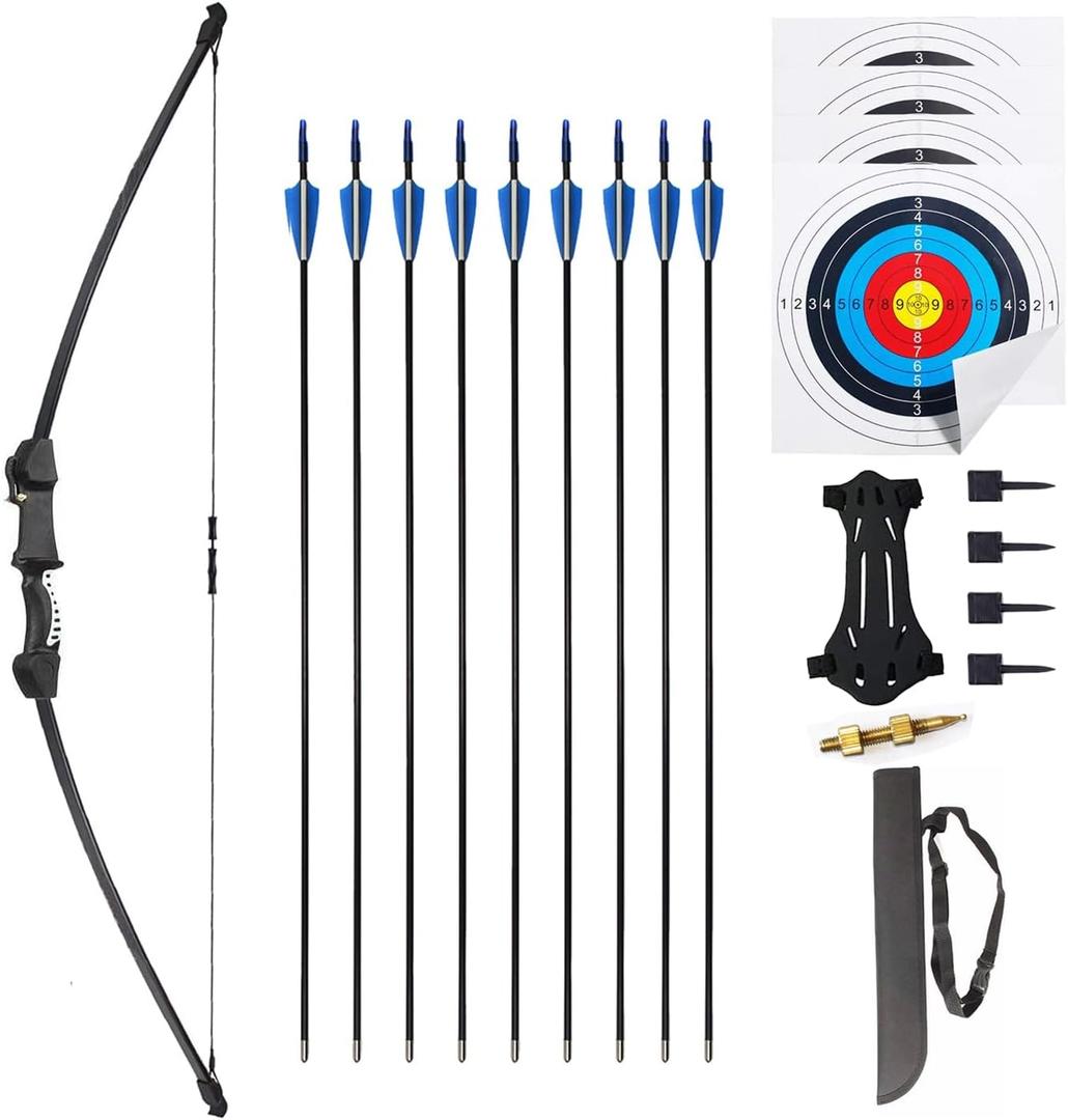 45" Youth Bow and Arrows Set for Kids 8-12 Teens Recurve Archery Beginner Gift Longbow Kit, Outdoor Hunting Play Gift, 9 Arrows, 4 Target Face for Backyard Game Age 12-14 14-16 (Black)