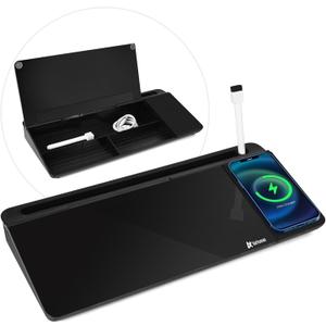 Varhomax Glass Desk Whiteboard Black with Wireless Charger, Desktop Dry Erase White Board with Storage,to Do List Memo Notepad for Home and Office