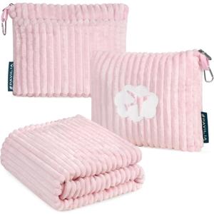 PAVILIA Travel Blanket Pillow in Soft Bag with Pockets, Airplane Blanket Set, Plane Blanket Compact Packable, Flight Essentials Car Pillow, Travelers Accessories Gifts, Luggage Strap, Light Pink (65 x 40 inches)