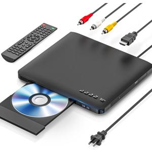 Ultra Slim DVD Player, Thin HDMI AV DVD Players for TV, 0.6 Inch Design with Region Free & Colourful HD Pixels, Supports USB Playback, NTSC/PAL DVD Player with HDMI & RCA Cables, Remote Control.