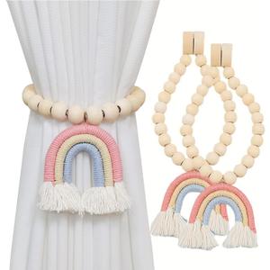 2 Pieces Wooden Beaded Curtain Tiebacks, Tassel Curtain Buckles Magnetic Curtain Buckles, Rainbow Tassel Curtain Tiebacks No Punch Decoration (Pink)