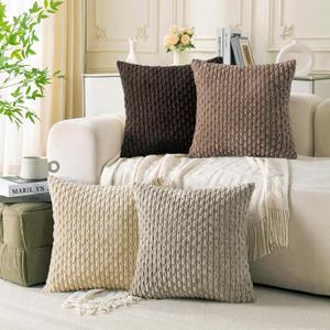 Set of 4 Beige Brown Coffee Decorative Throw Pillow Covers 20x20 Inch Corduroy Pillow Covers for Bed Couch Sofa Living Room Soft Square Cushion Cases